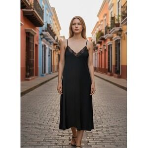 Berenice 100% Silk Women Black Midi Dress 34/ L Slip Lace Feminine Elegant EUC